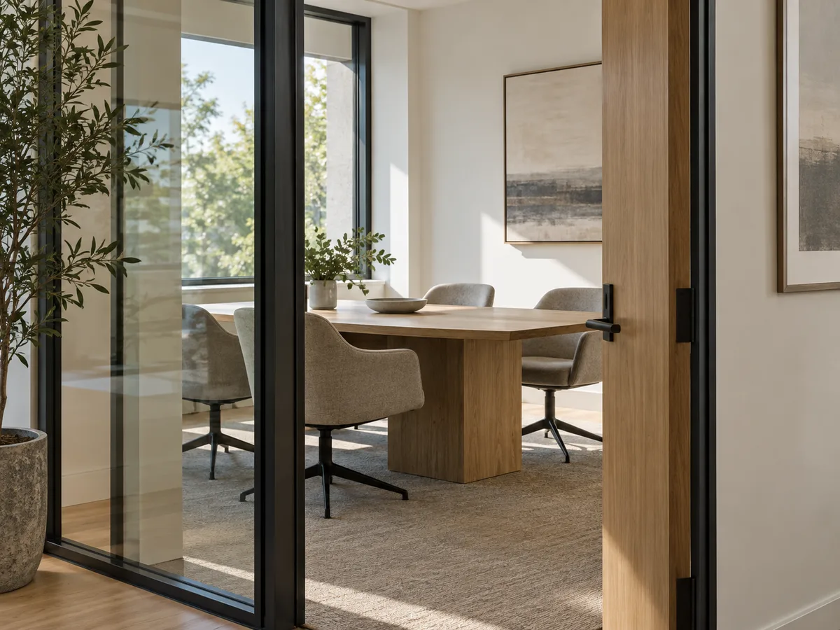 Illustrative modern office interior with glass partitions and natural daylight