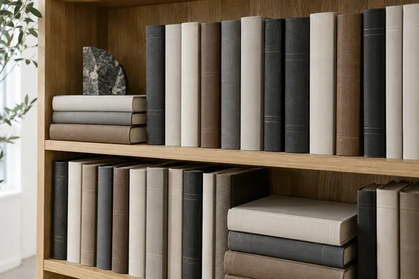 Illustrative reference library with books on natural oak shelves