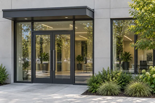 Illustrative close view of a modern office entrance